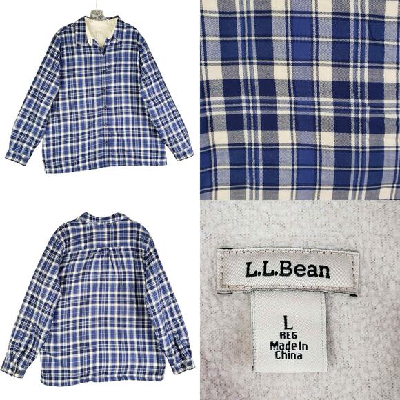LL Bean Button Down Shirt Women’s Size Large L Plaid Blue Sherpa Lined Fleece - Picture 1 of 12